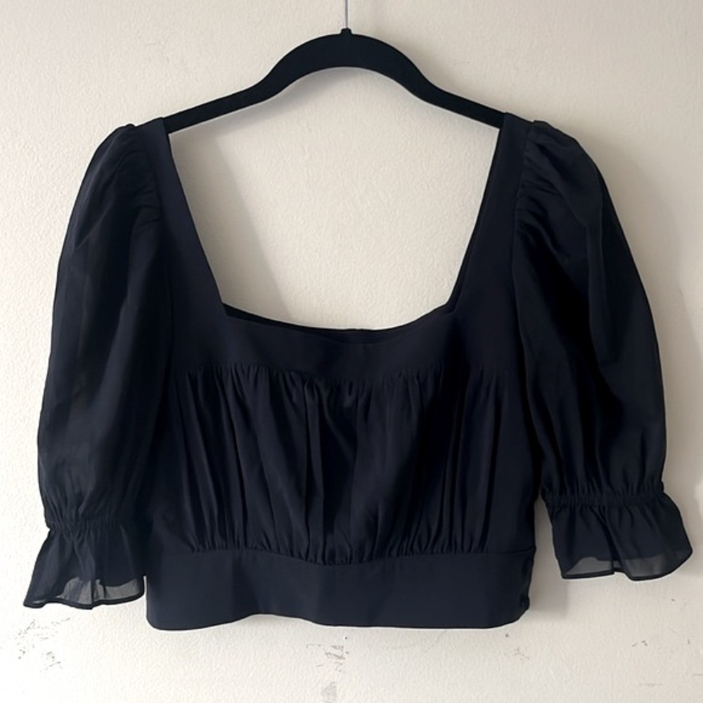 100% Silk Stone Cold Fox Puff Sleeve Square Neck Crop Top